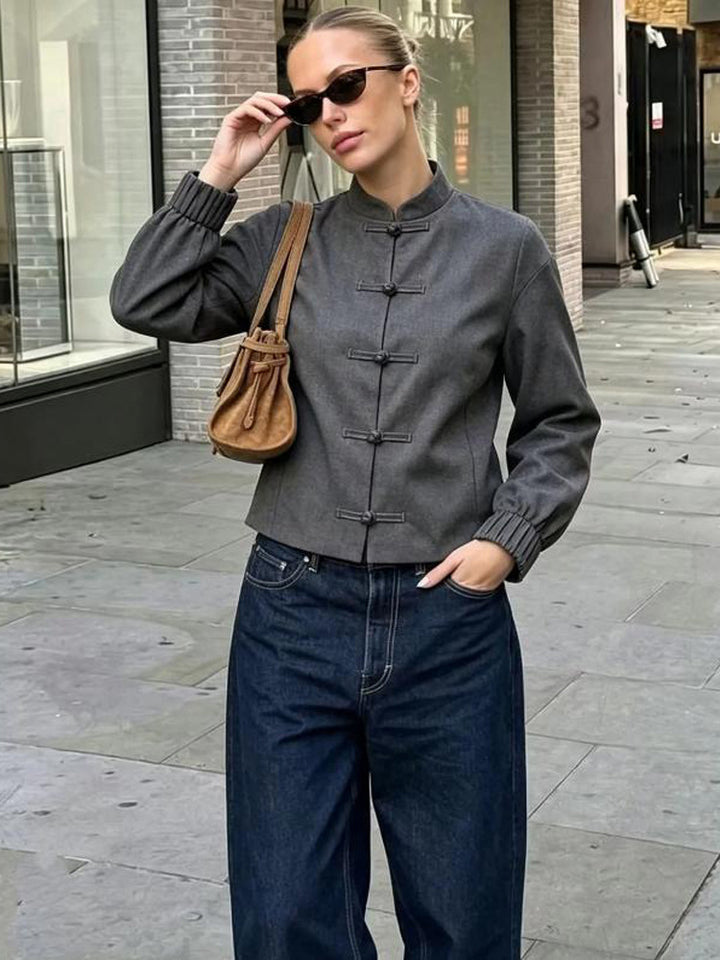 Women's short jacket with stand-up collar, Chinese knot closures, and elastic cuffs Mune Fashion
