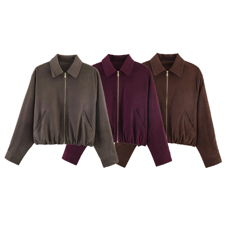Women's short-cut velour bomber jacket with elastic waistband and full-length zipper Mune Fashion