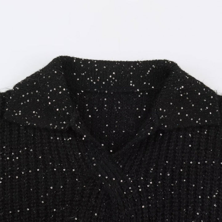 Women's Glittering Oversized Knit Sweater with Lapel Collar and Sequin Trim Mune Fashion