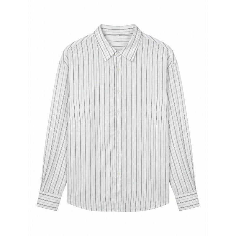 Men's Long-Sleeved Relaxed-Fit Pinstripe Shirt made of Linen-Cotton Blend with Kent Collar Mune Fashion