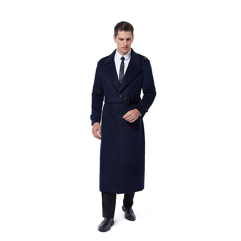 Men's maxi length coat made of wool blend with tie belt, epaulettes and classic lapels Mune Fashion