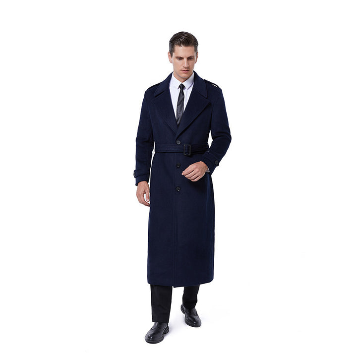 Men's maxi length coat made of wool blend with tie belt, epaulettes and classic lapels Mune Fashion
