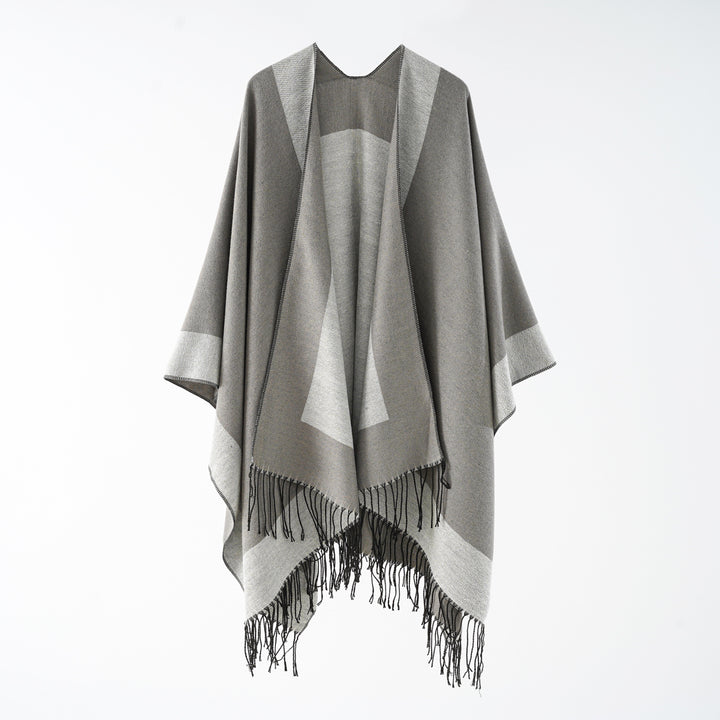 Women Oversize Reversible Cape Poncho made of Wool Blend with Fringing Mune Fashion