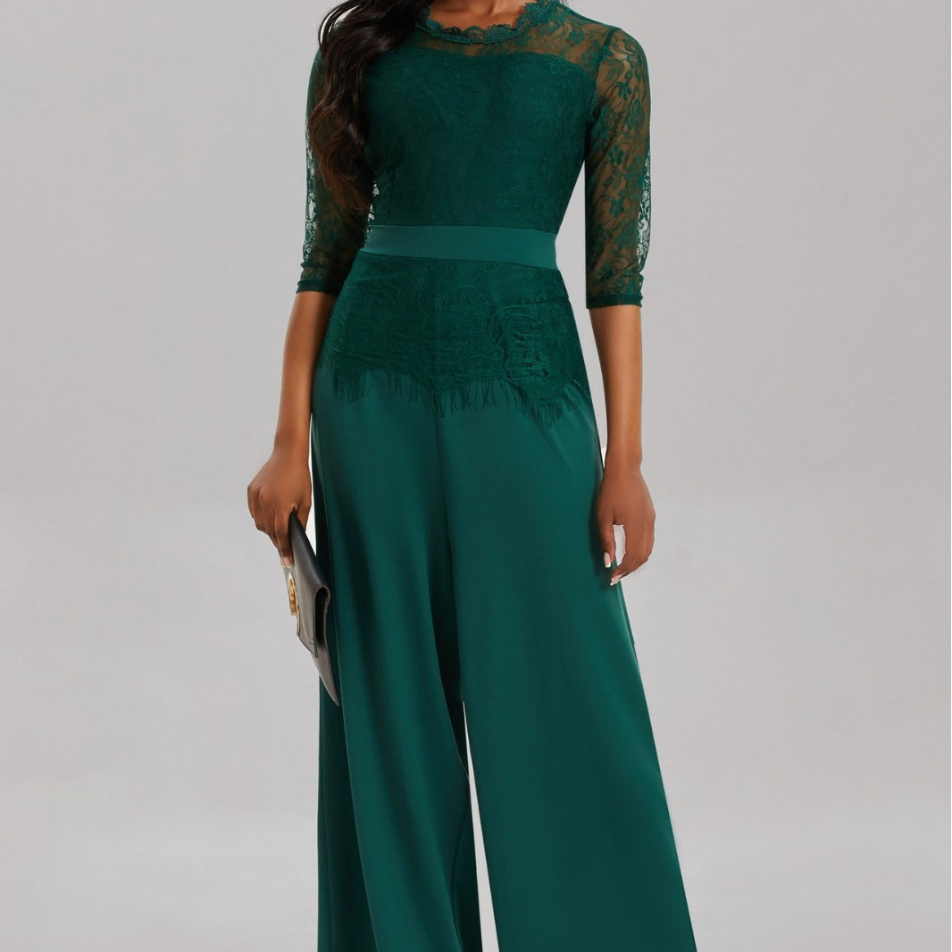 Elegant Women's Jumpsuit with Lace Sleeves and Wide Leg | Mune Fashion