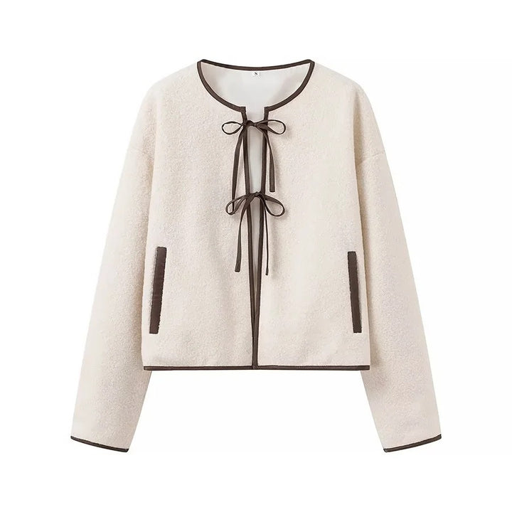 Women Short Cut Teddy Jacket with Band Closure and Contrast Piping Mune Fashion