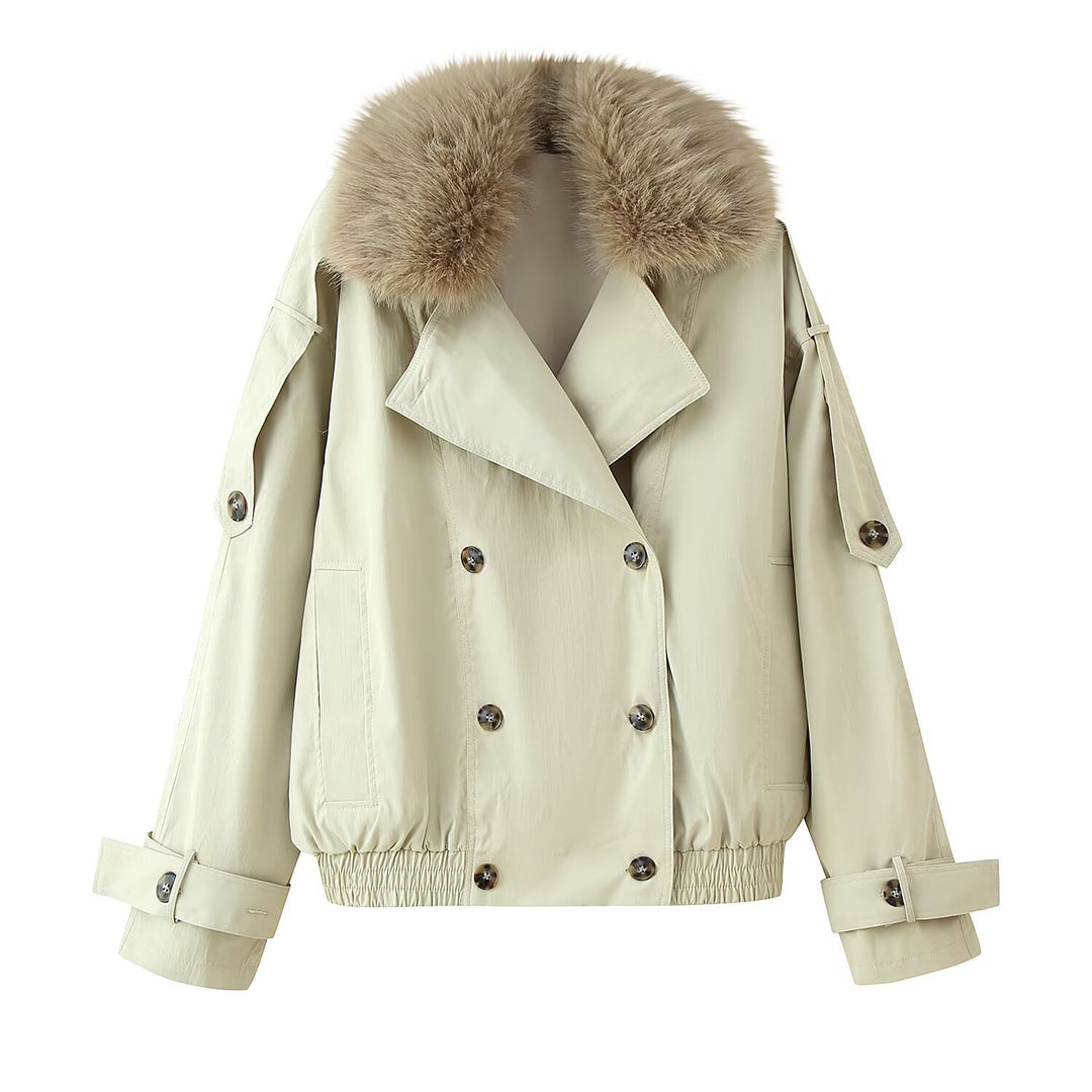 Women's double-breasted blouson with removable faux fur collar, waist drawstring and adjustable cuffs Mune Fashion