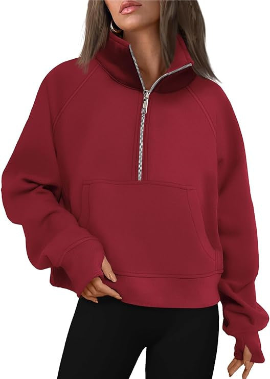 Women's cropped half-zip sweatshirt with high stand-up collar, kangaroo pocket, and drop shoulder Mune Fashion