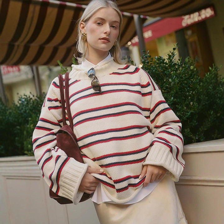 Women's oversized striped cotton blend sweater with wide cut and ribbed cuffs Mune Fashion