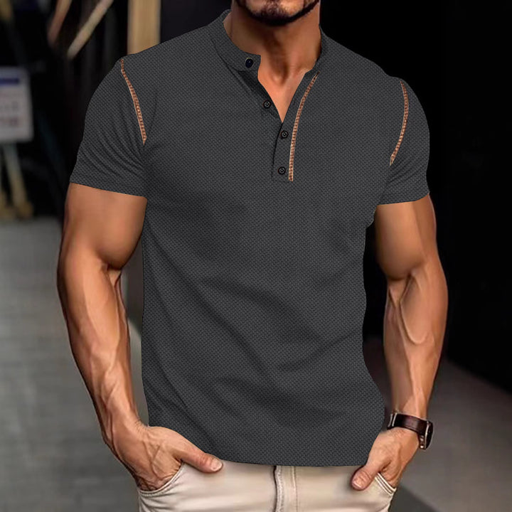 Men's tapered structured polo shirt with stand-up collar and decorative piping Mune Fashion