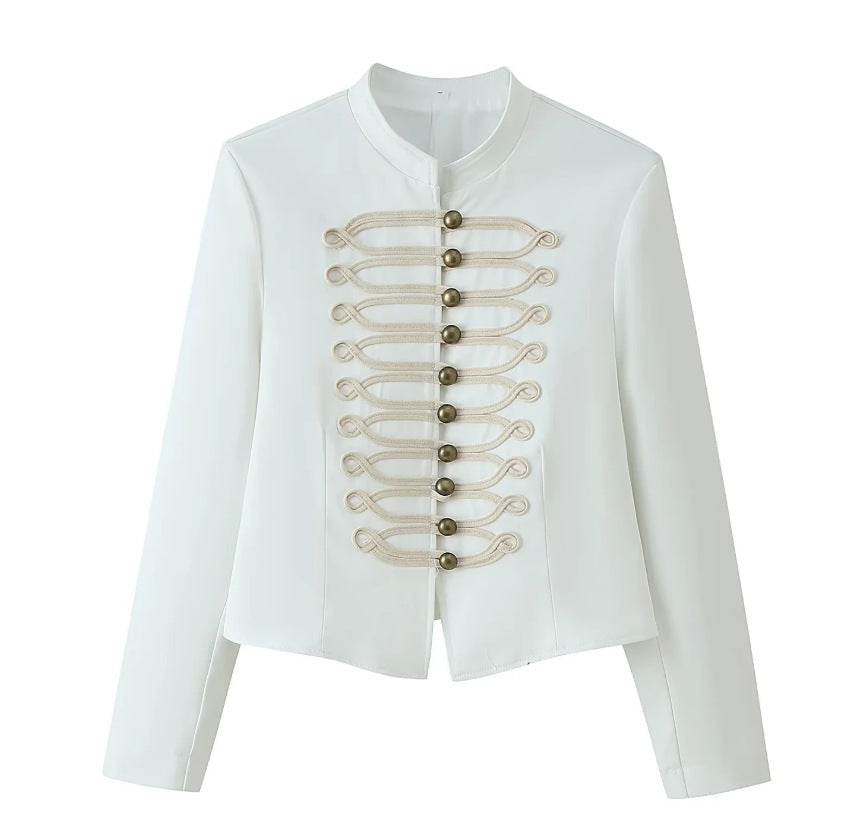 Women Military Inspired Short Stand Collar Jacket with Decorative Cords and Brass Buttons Mune Fashion