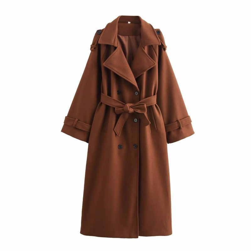 Women’s long double-breasted wool blend trench coat with belt and wide lapels Mune Fashion