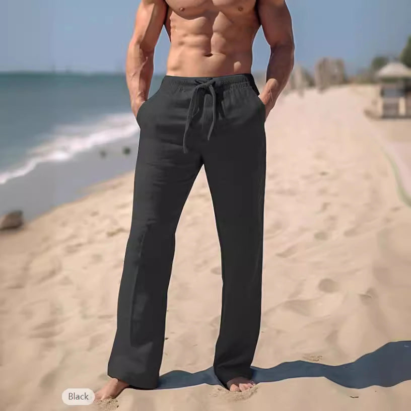 Men's loose resort leisure pants in palazzo style made of linen blend with drawstring and side inset pockets Mune Fashion