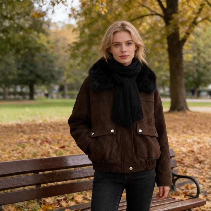 Women's Oversized Aviator Jacket made of Suede Leather Imitation with Large Faux Fur Collar Mune Fashion