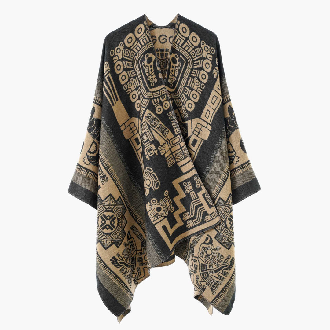 Women's Oversize Jacquard Wrap Cape with Geometric Aztec Pattern Mune Fashion