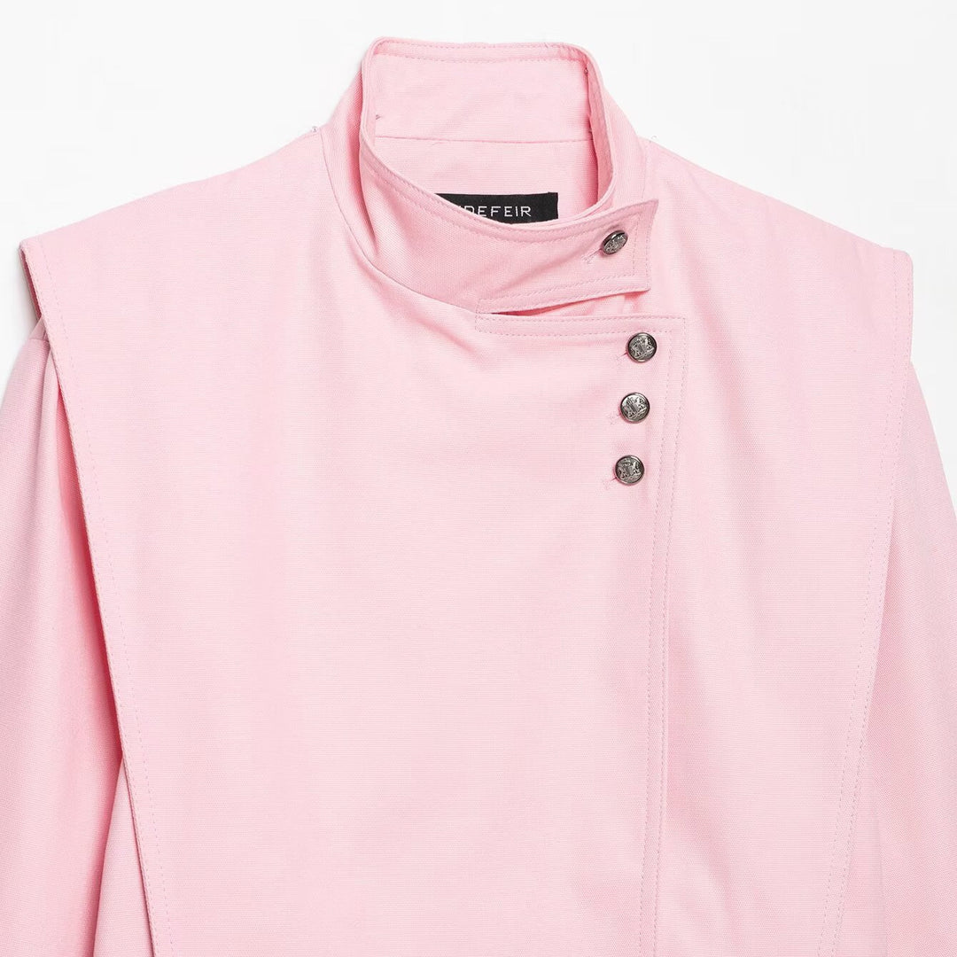 Women's Short Asymmetric Jacket with High Stand-Up Collar and Cape Shoulder Mune Fashion