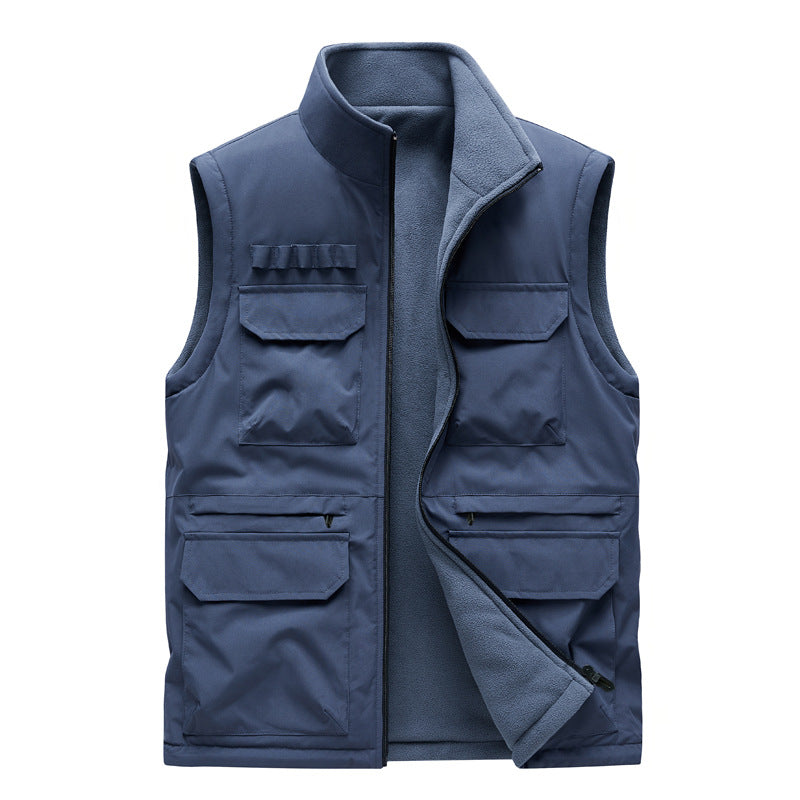 Men's Outdoor Utility Vest with eight multifunctional pockets, durable cotton blend, and wind protection collar Mune Fashion