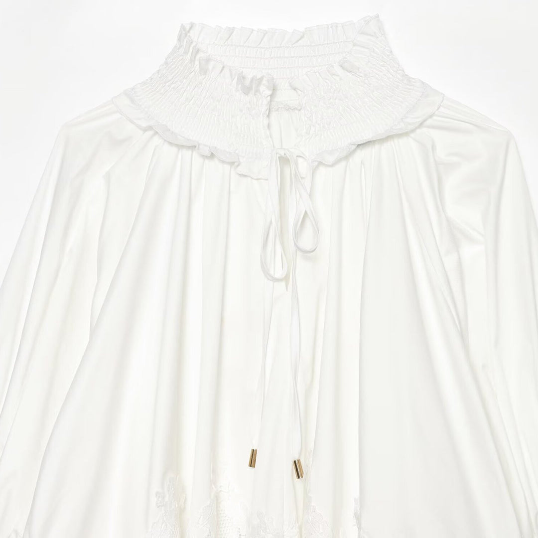 Ladies Romantic Blouse with Smocking Collar, Bell Sleeves and Lace Trim