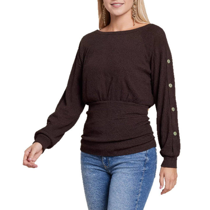 Women's fine knit sweater with wide boat neckline, sleeve button detail and fitted smock shape Mune Fashion