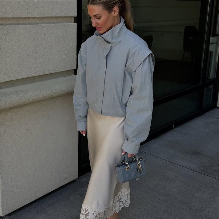 Ladies Cropped Transitional Jacket with Stand Collar and Emphasized Shoulder Area Mune Fashion