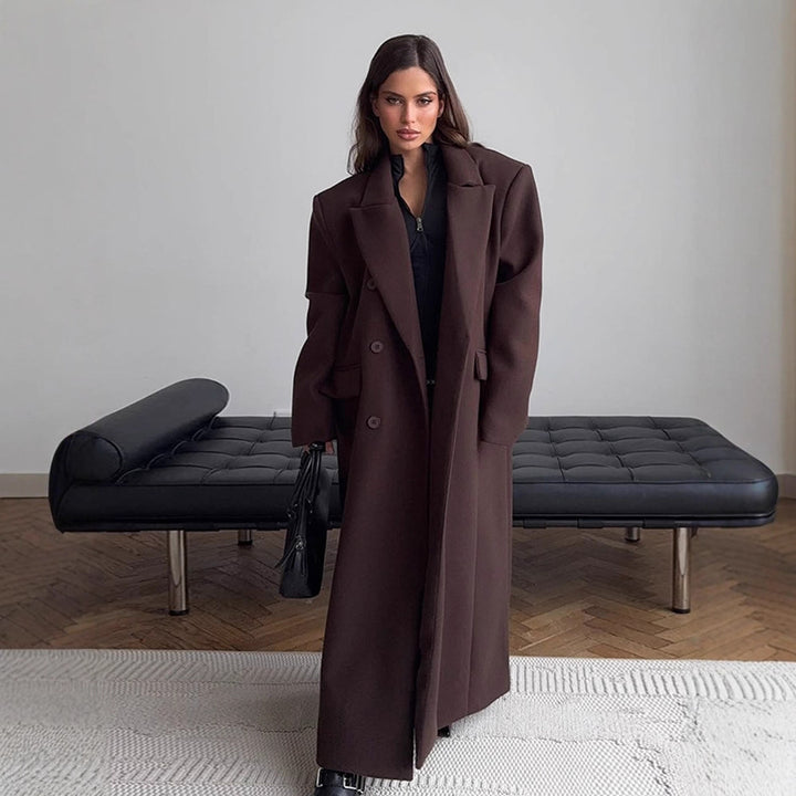 Women's Maxi-Length Wool Blend Coat with Boxy Oversized Silhouette and Distinctive Shoulders Mune Fashion