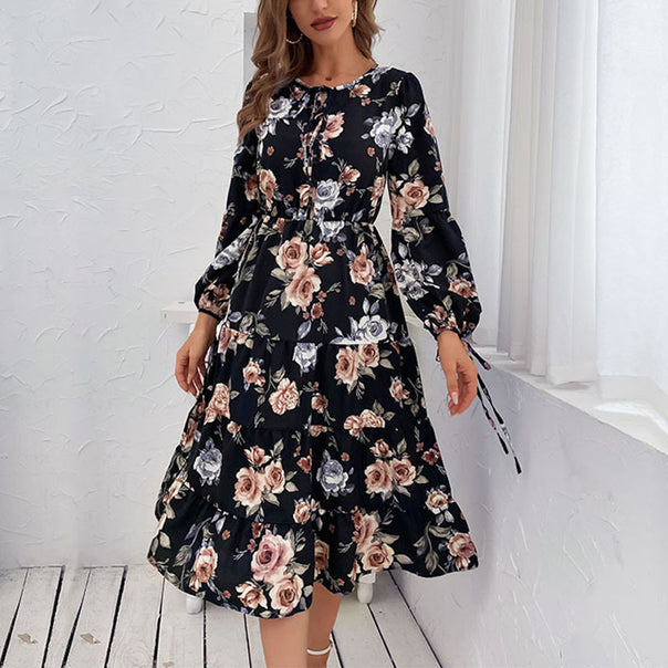 Women's Floral Tiered Midi Dress with Waist Tie and Balloon Sleeves Mune Fashion