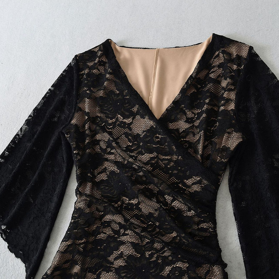 Women's lace wrap dress with trumpet sleeves and gathered silhouette Mune Fashion