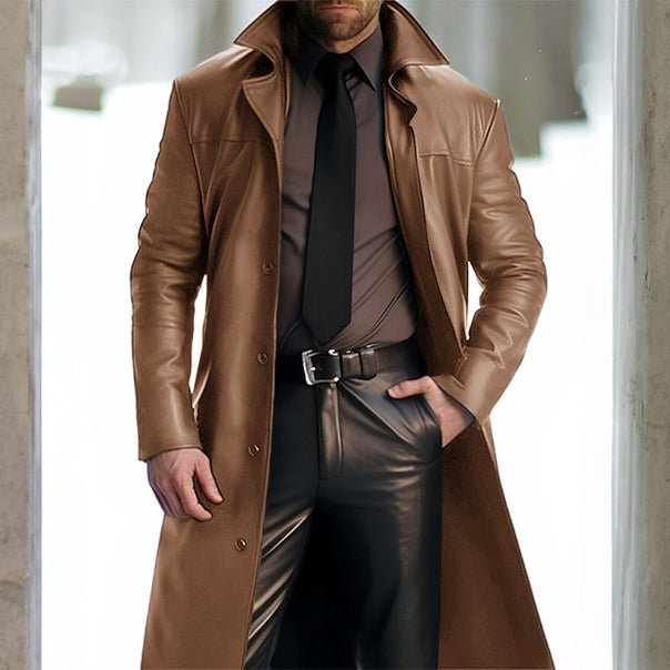 Men's Long Leather Coat with Shirt Collar, Tailored Cut and Concealed Button Placket Mune Fashion