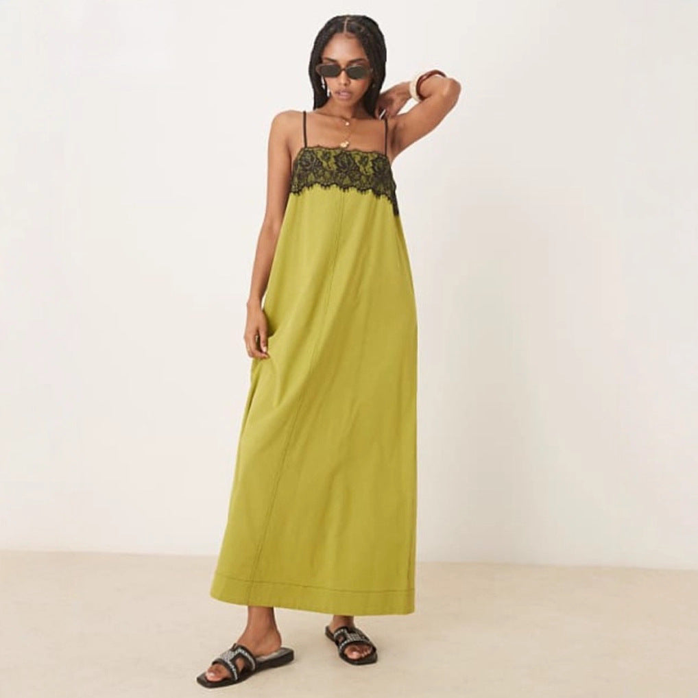 Women's nightgown inspired maxi dress with lace bustier and narrow spaghetti straps Mune Fashion