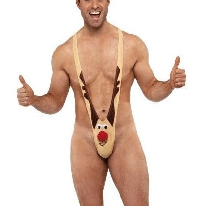 Men's novelty holiday reindeer mankini with playful antler pouch