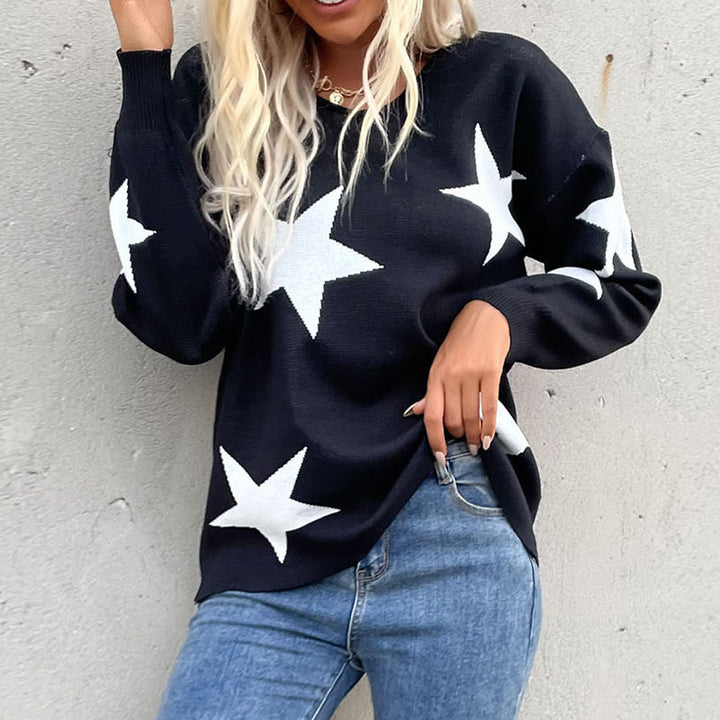 Women Oversize V-Neck Knit Sweater with Large Star Jacquard Pattern