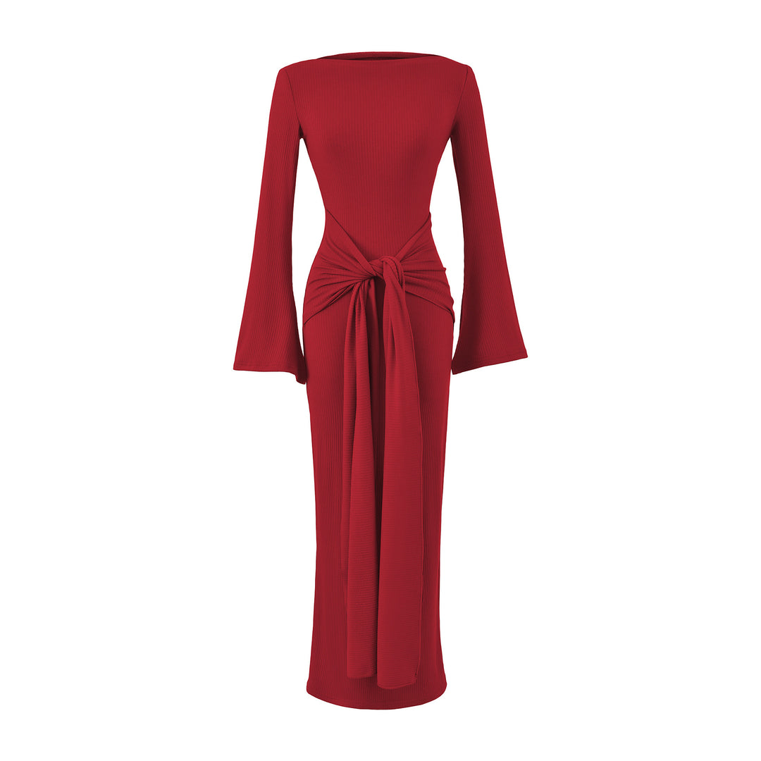Ladies maxi dress made of ribbed knit with trumpet sleeves and waist knot detail Mune Fashion