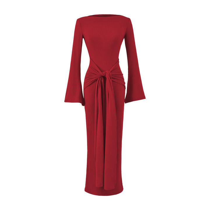 Ladies maxi dress made of ribbed knit with trumpet sleeves and waist knot detail Mune Fashion