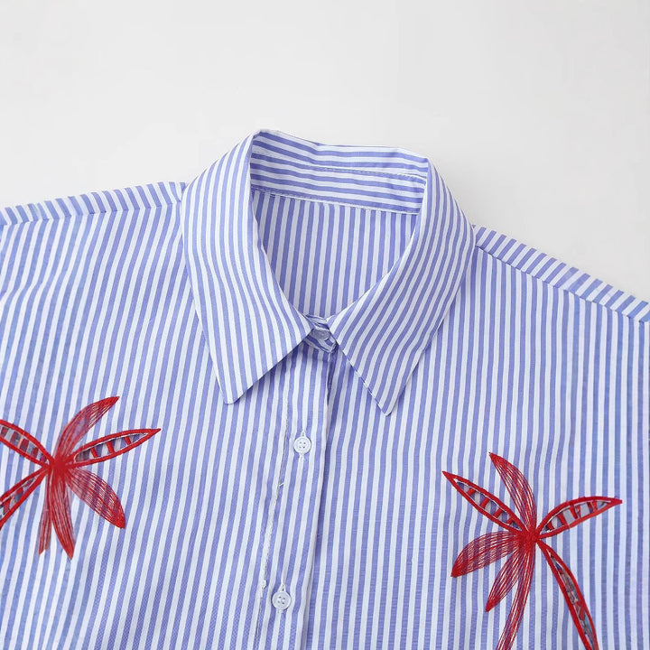 Women Oversized Shirt Blouse with Pinstripes, Palm Embroidery and Three-Quarter Sleeves Mune Fashion