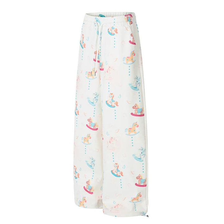 Women's Wide Palazzo Lounge Pants with Comfortable Waistband, Drawstring and Playful Rocking Horse Print Mune Fashion