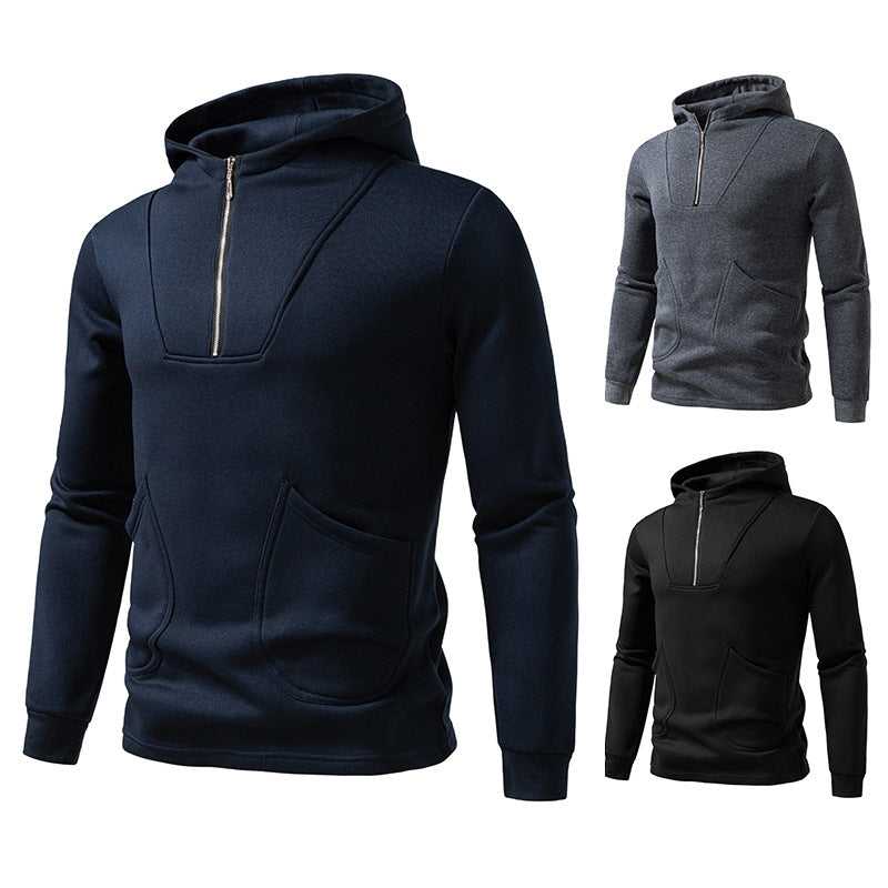 Men's Hooded Half-Zip Pullover with Kangaroo Pocket and Relaxed Fit Mune Fashion