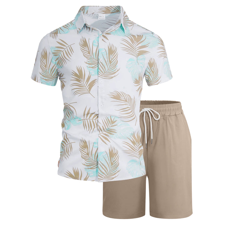 Men's vacation set with short-sleeved lapel shirt in palm print and elastic drawstring bermuda Mune Fashion