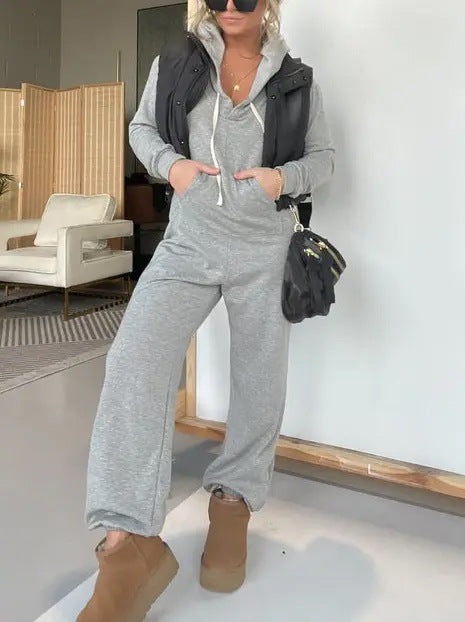 Women Casual Hooded Jumpsuit with Wide Leg and Kangaroo Pocket Mune Fashion