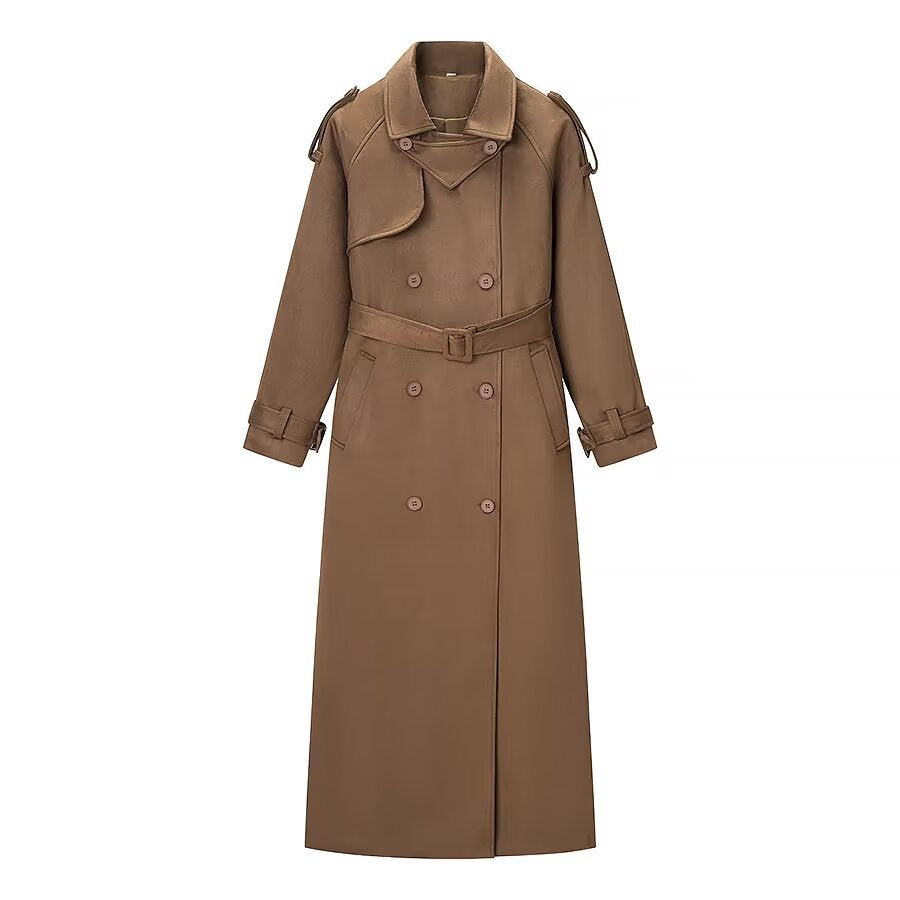 Women's Elegant Long Waist Trench Coat with Double-Breasted Button Placket and Flared Hem Mune Fashion