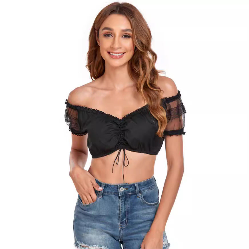 Ladies Dirndl blouse Carmen neckline with lace sleeves and bow tie Mune Fashion