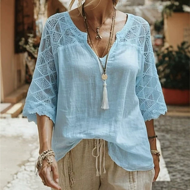 Women's locker-cut tunic with V-neck, crocheted yoke and elbow-length lace sleeves Mune Fashion