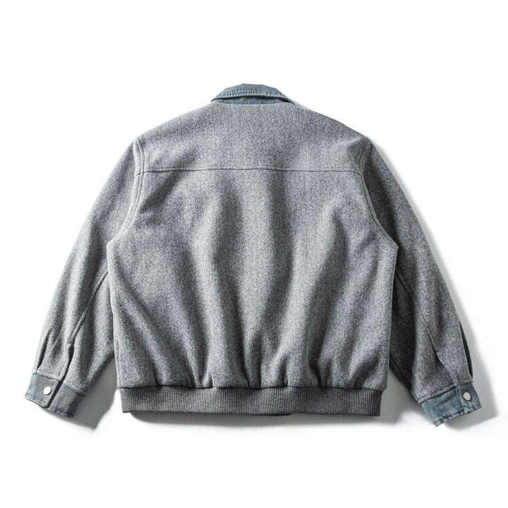 Men's Short Wool Blend Bomber Jacket with Denim Collar and Flap Pockets Mune Fashion