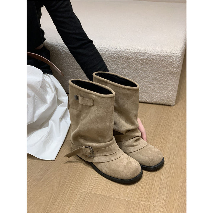 Women's Slouchy Biker Ankle Boots with Adjustable Buckle Strap and Round Toe Shape Mune Fashion
