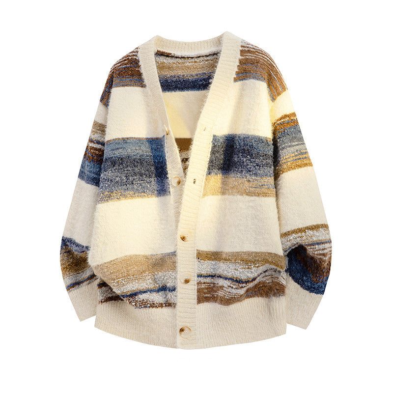 Ladies Fashionable Knitted Cardigan with Block Stripes Mune Fashion