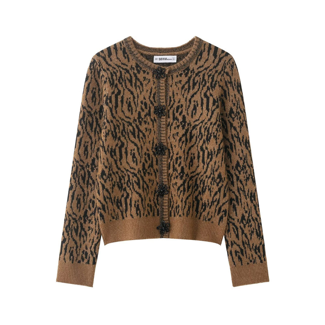Women's Short Cardigan with Leopard Print and Pearl Flower Buttons Mune Fashion