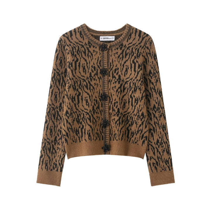 Ladies' knitted cardigan with leopard jacquard, embellished decorative buttons with pearls and short hem Mune Fashion