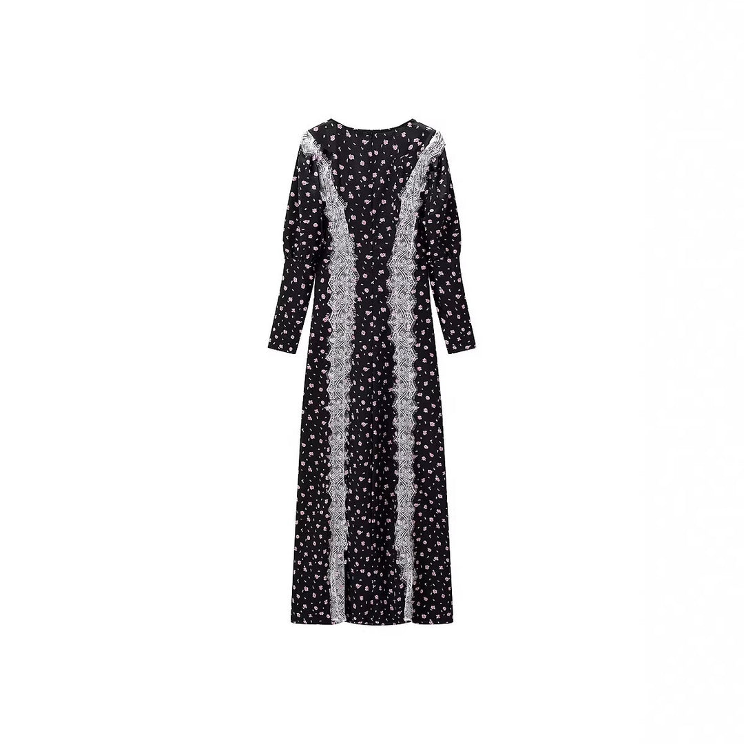 Women’s Maxi Dress with Lace Trim and Floral Allover Print Mune Fashion