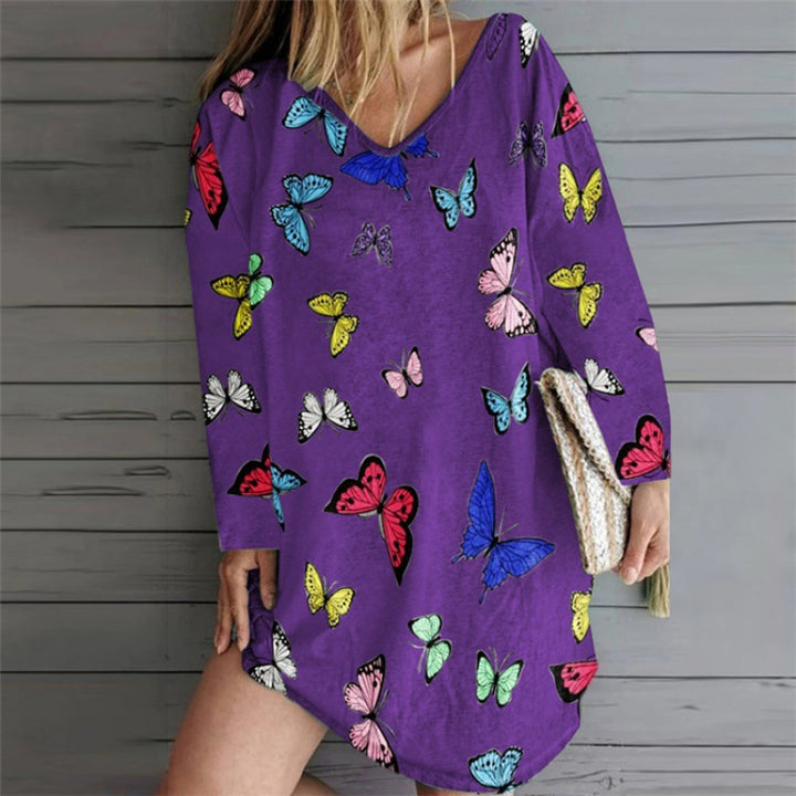 Women Oversize Tunic Dress with V-Neck and Butterfly Print Mune Fashion