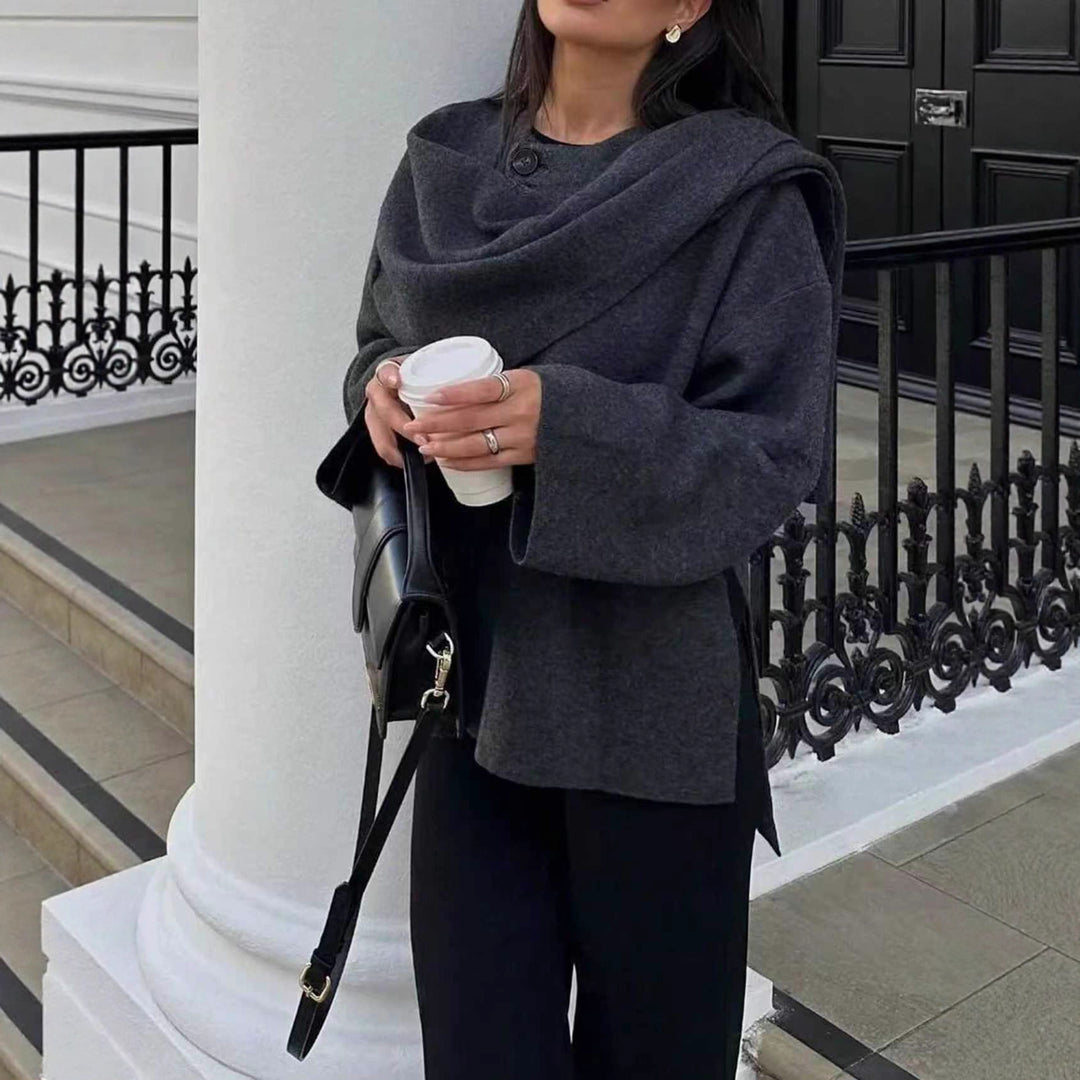 Women Oversize Wrap Poncho Coat with Wide Shawl Collar and One-Button Detail Mune Fashion