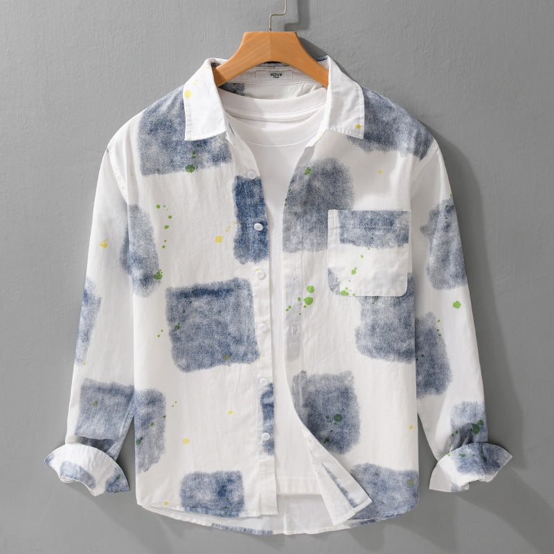 Men's Lightweight Cotton Shirt Relaxed-Fit with Artistic Speckle and Watercolor Patch Print Mune Fashion