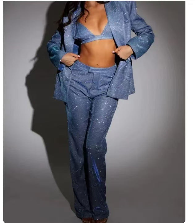 Women's Glittering Suit Set with Crop Top and Flared Pants Mune